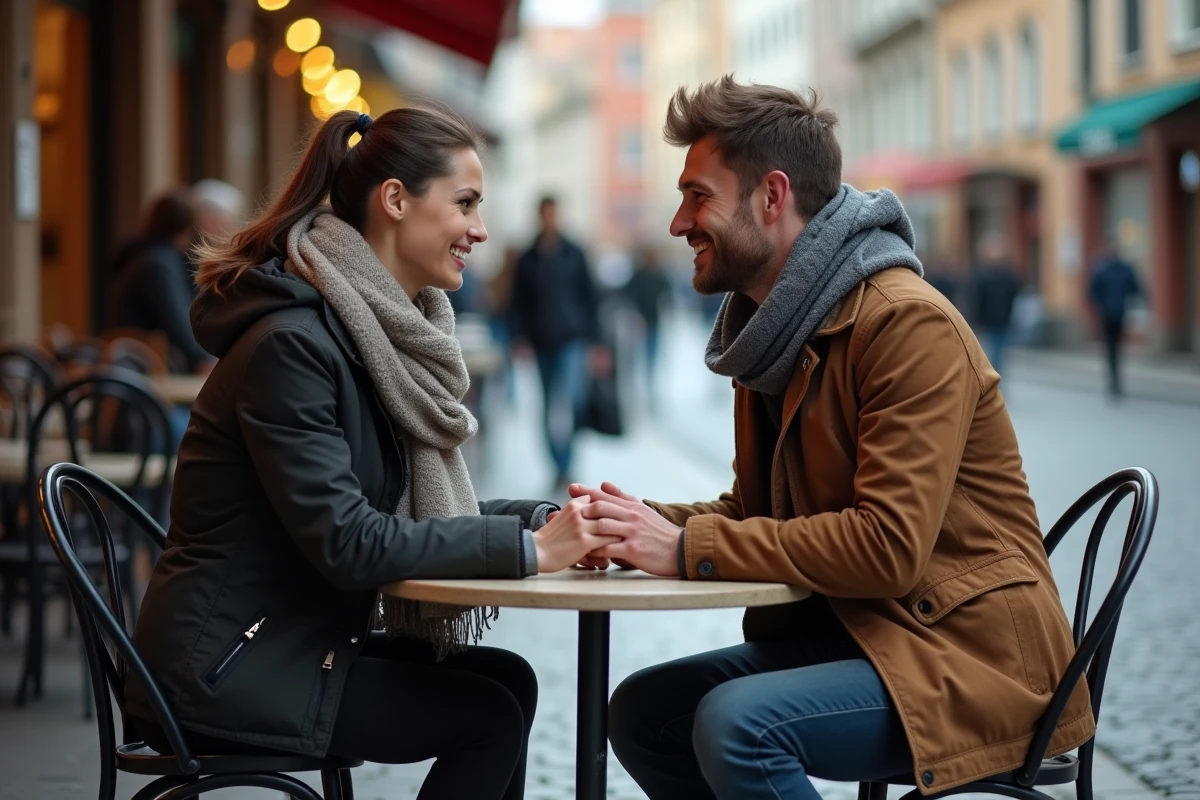 Couple réuni dans un café en terrasse après une longue séparation, symbolisant la confiance et la retrouvaille dans une relation longue distance