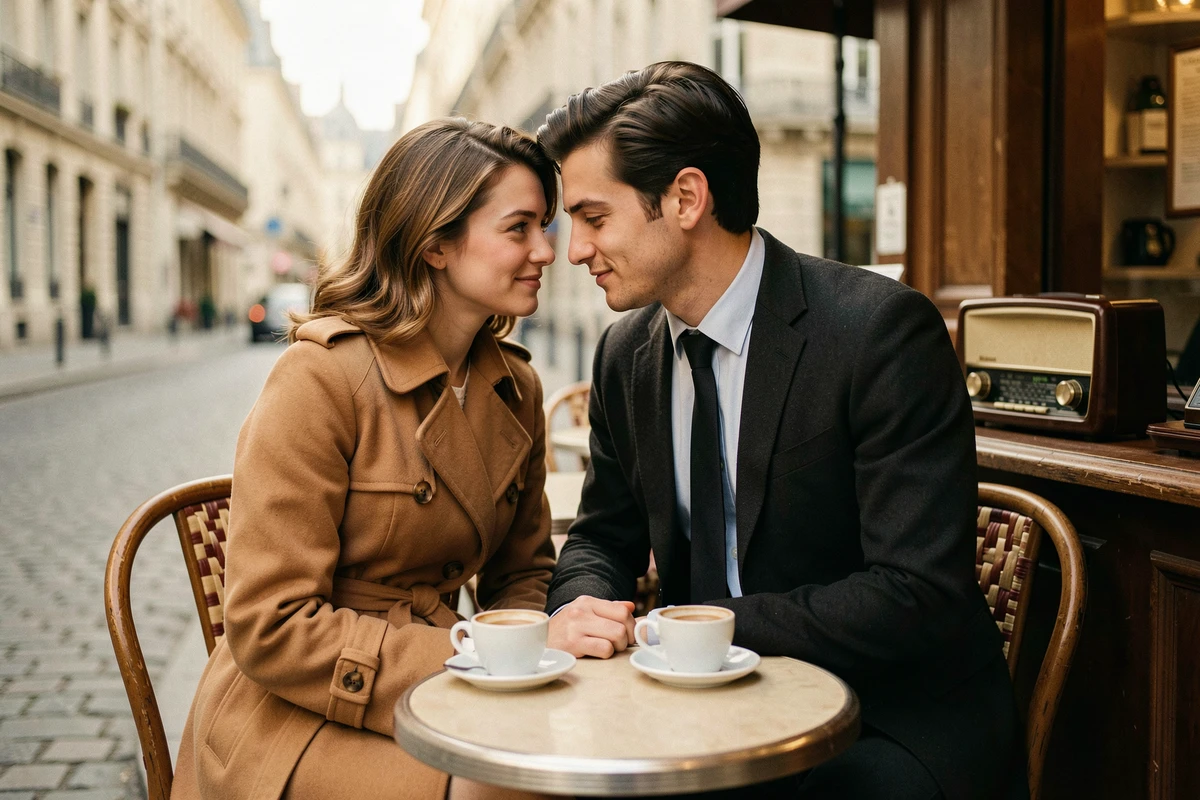 Couple romantique années 60 dans un café parisien évoquant les chansons d'amour françaises