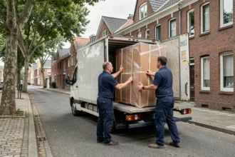 Équipe de déménagement professionnelle chargeant un camion devant des maisons en briques dans les Hauts-de-France