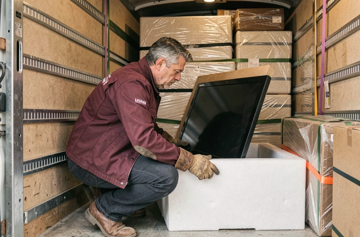 Déménageur de Déménagement Legrain sécurisant un téléviseur dans une caisse rembourrée à l'intérieur d'un camion de déménagement