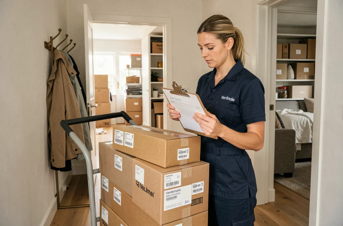Déménageuse de Déménagements Verlinde organisant des cartons étiquetés dans le couloir d'une maison française