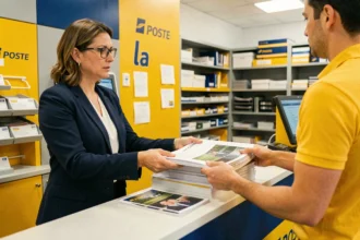 Femme déposant des documents grand format à un guichet La Poste pour impression et envoi