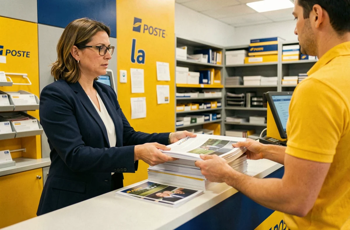 Femme déposant des documents grand format à un guichet La Poste pour impression et envoi