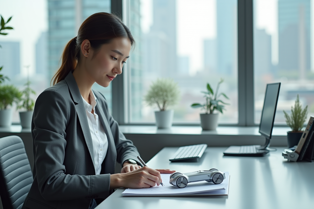 Jeune femme designer automobile avec prototype dans bureau