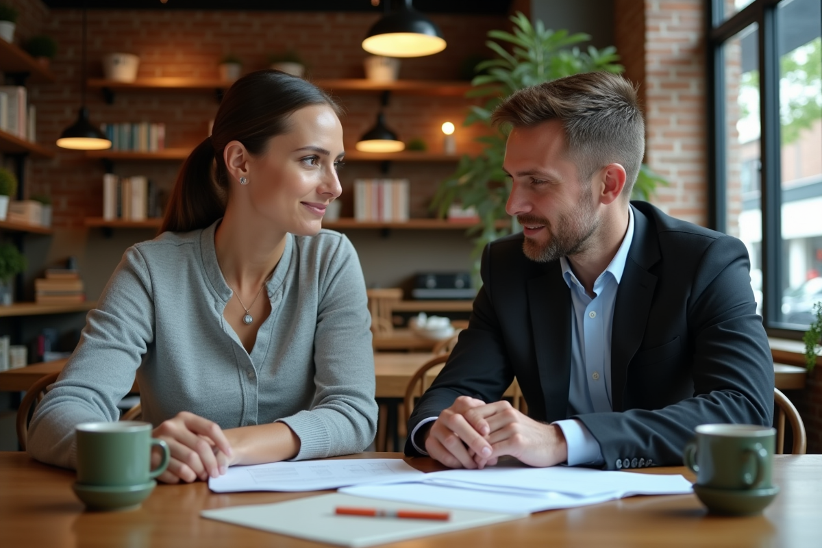 Deux entrepreneurs discutant dans un café chaleureux