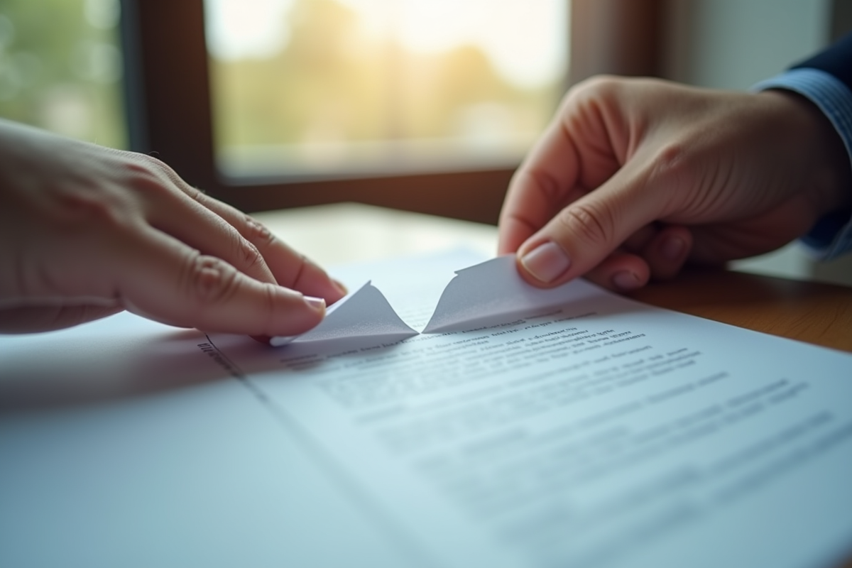 Mains déchirant une page de contrat près d