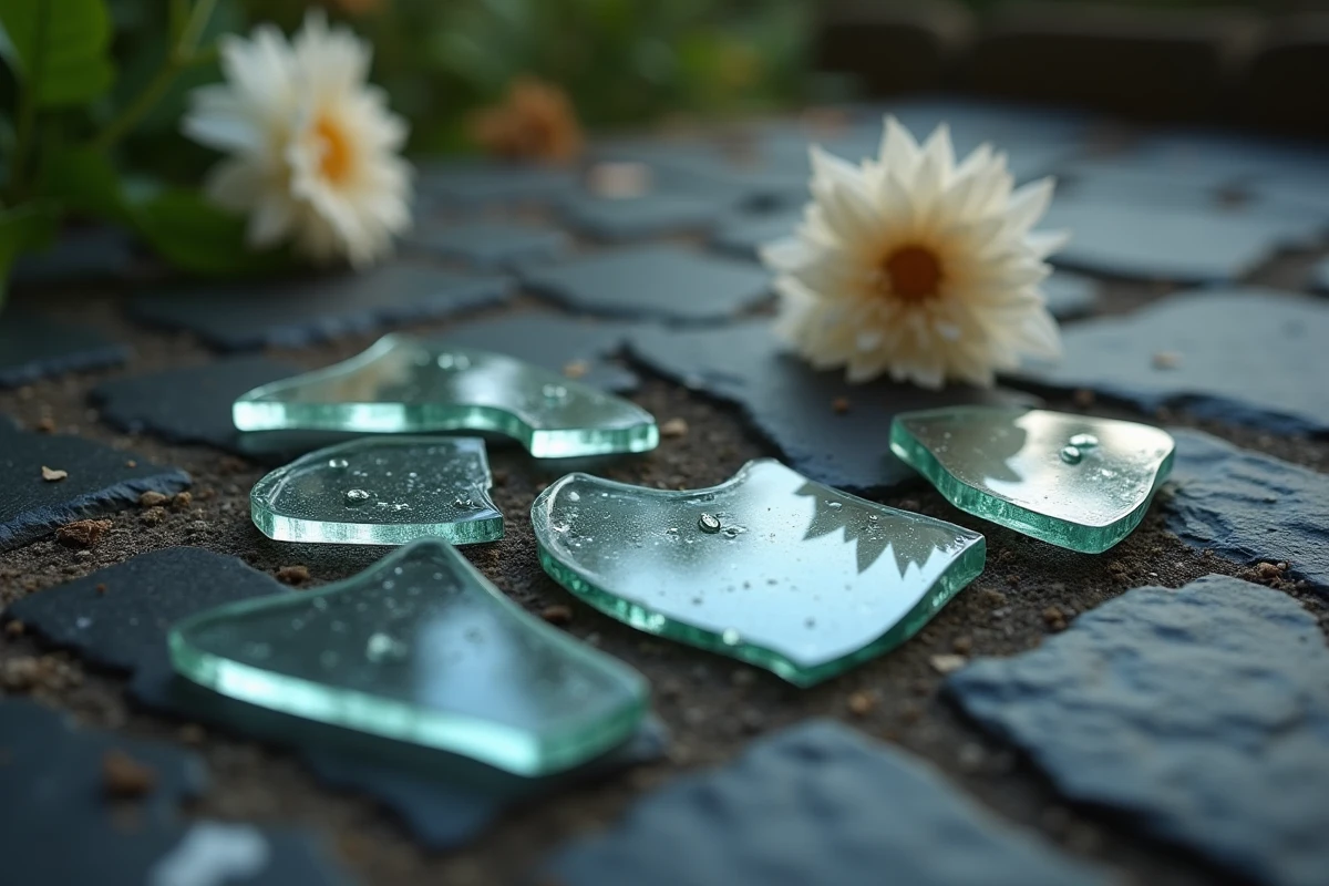 Gros plan sur des éclats de verre blanc sur ardoise sombre avec une fleur séchée, symbolisme de transformation spirituelle