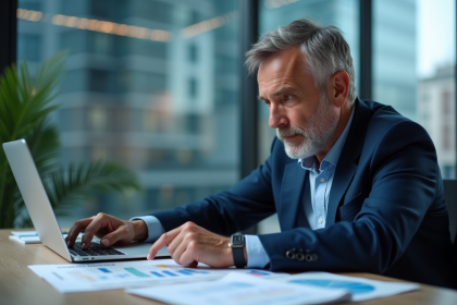 Economiste homme en costume dans un bureau moderne