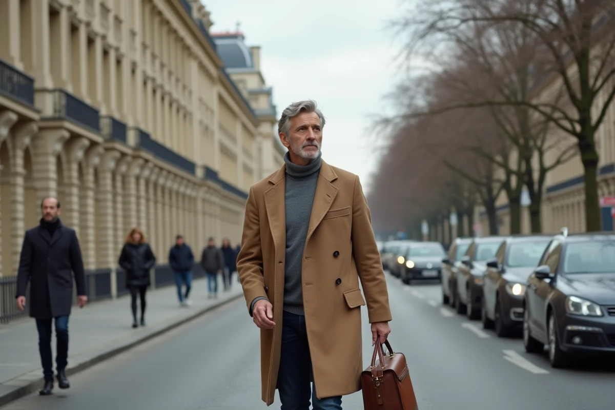 Expert en économie française marchant sur un boulevard parisien avec un immeuble haussmannien en arrière-plan
