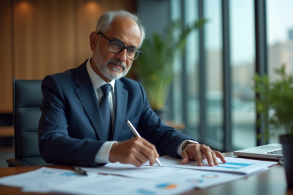Economiste indien en costume bleu dans un bureau moderne