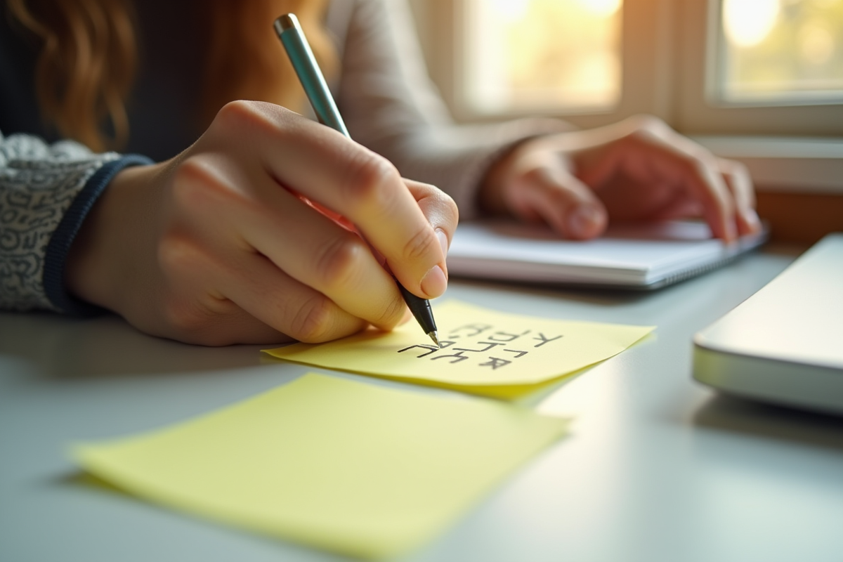 Main écrivant une étiquette sur un post-it en lumière naturelle
