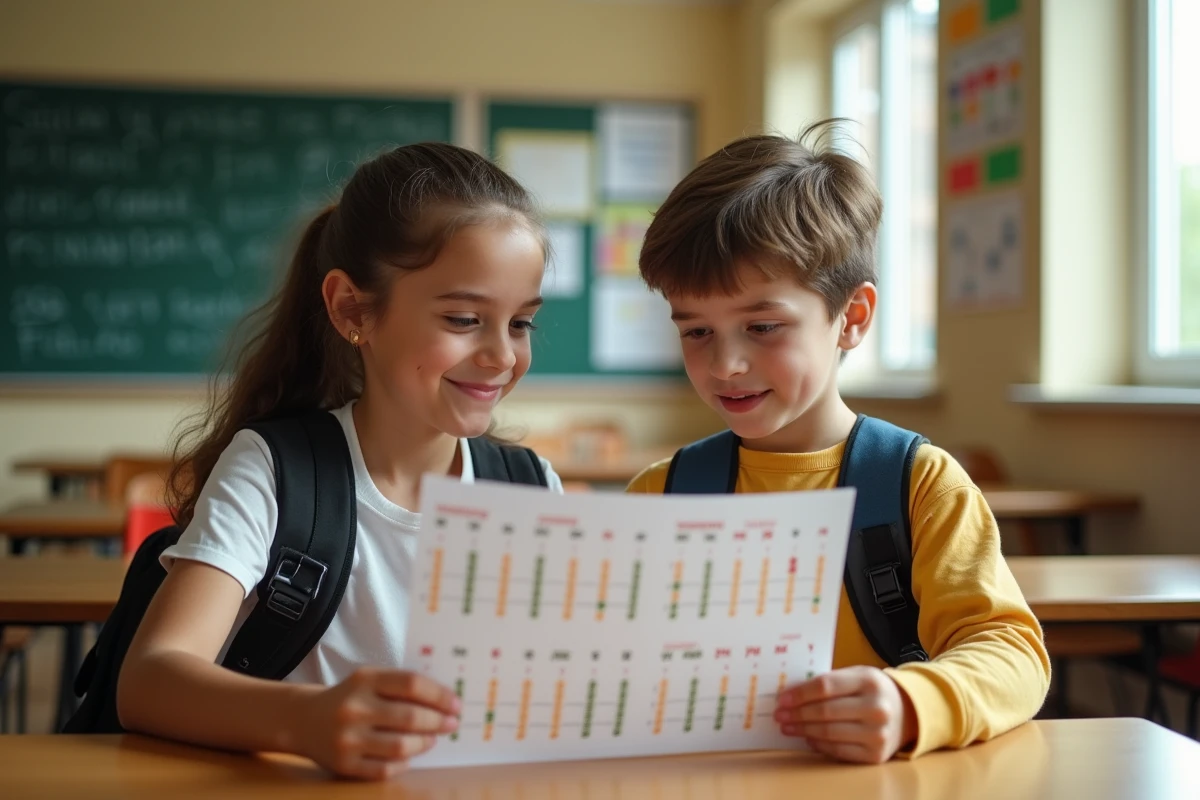 Deux élèves consultant un calendrier scolaire 2026 avec alternance de semaines paires et impaires en classe