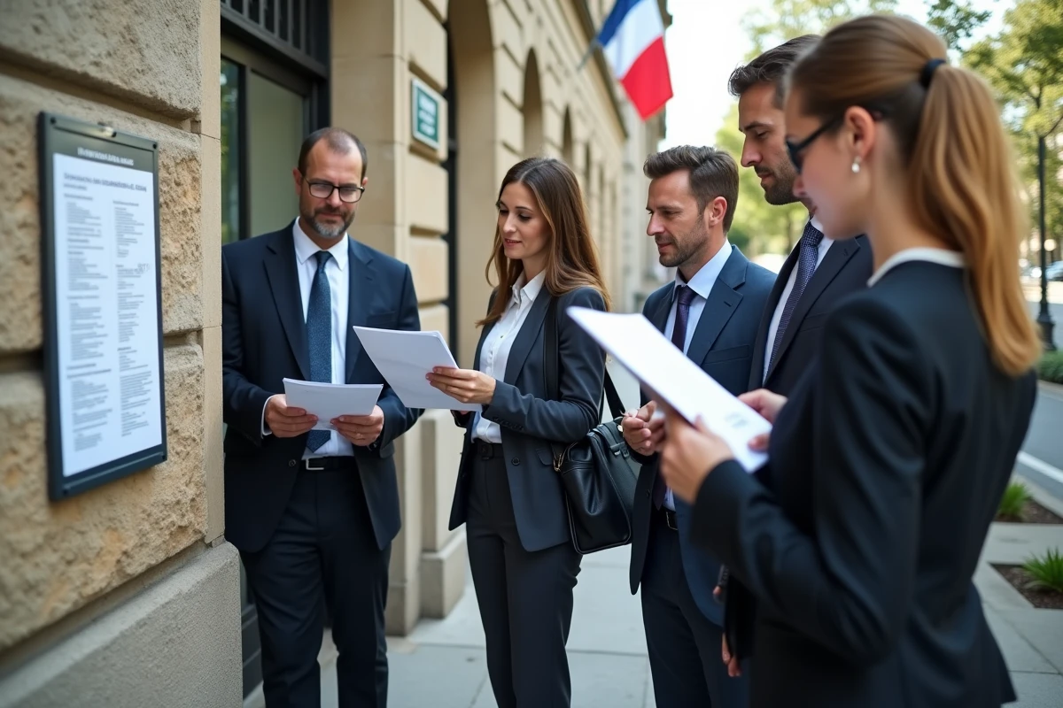 Employes municipaux devant un panneau d affichage salarial
