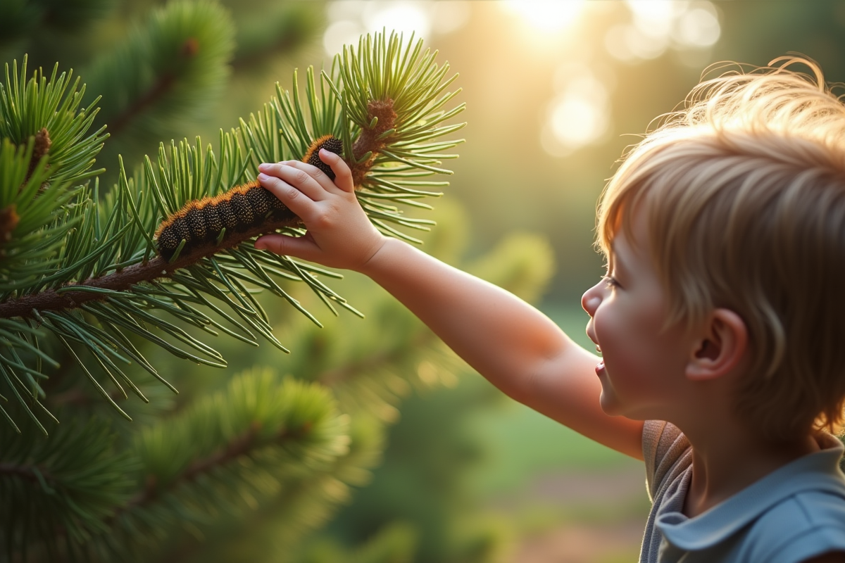 Enfant montrant des chenilles processionnaires sur une branche de pin