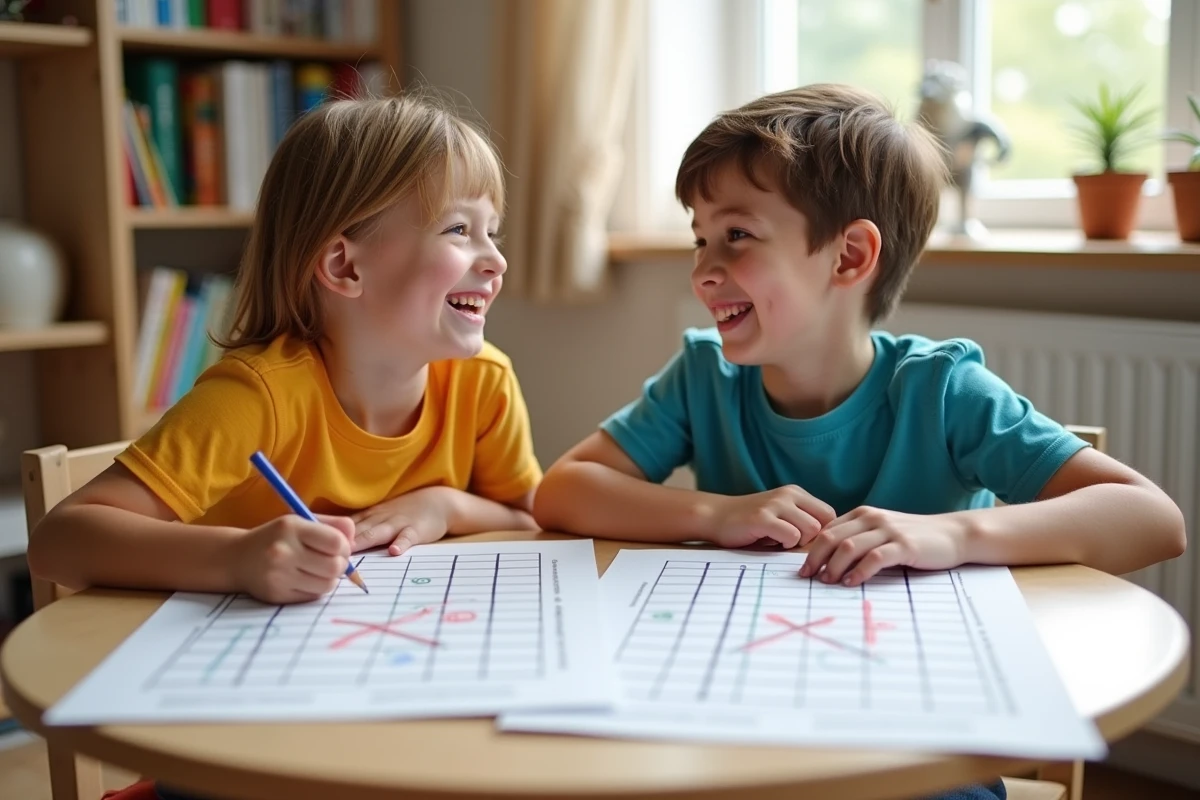 Deux enfants jouant à la bataille navale avec des grilles imprimées vierges posées sur une table ronde