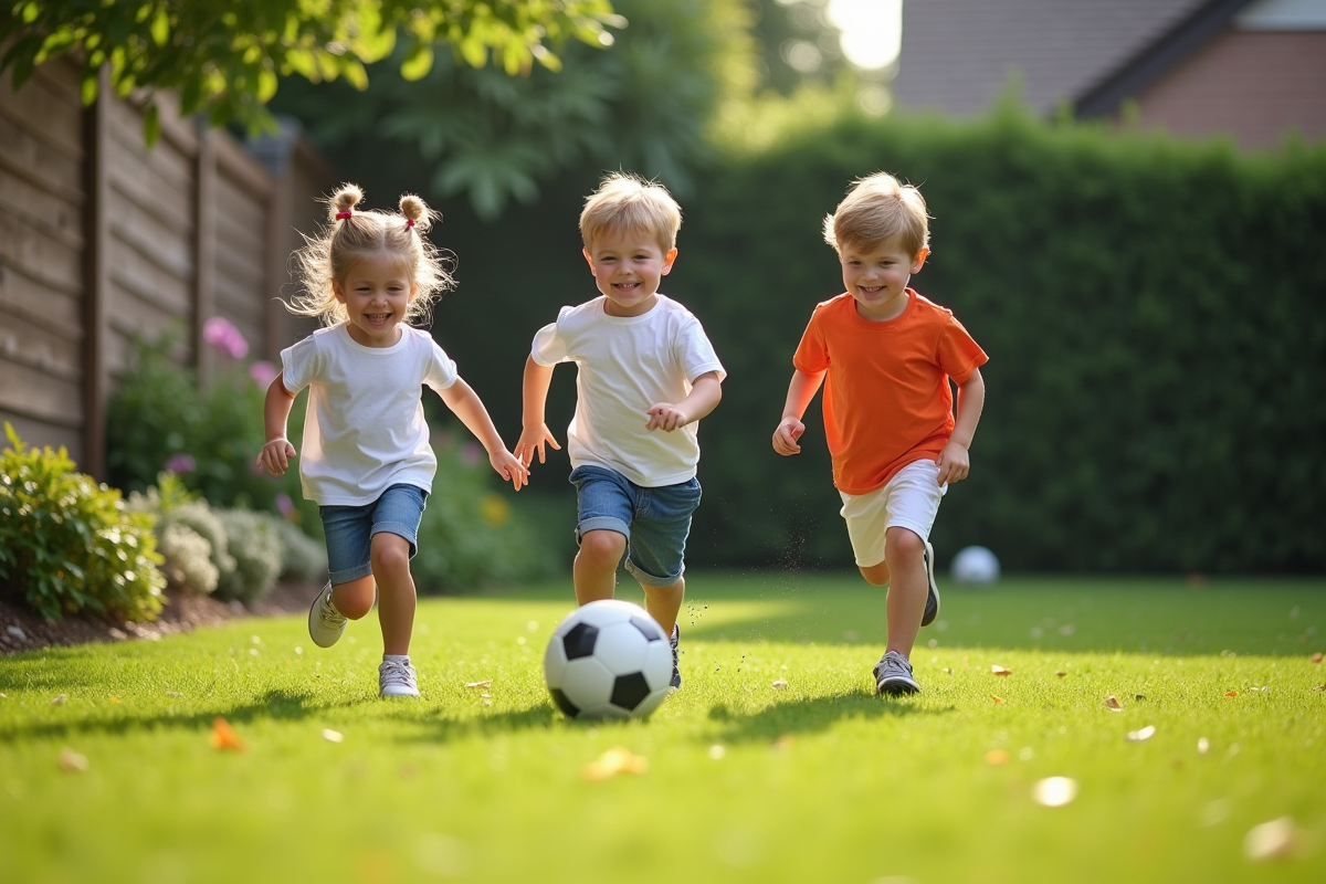 Trois enfants jouant au soccer dans un jardin vert