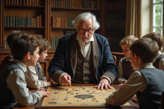 Un savant âgé montre un jeu éducatif à des enfants dans un cabinet ancien