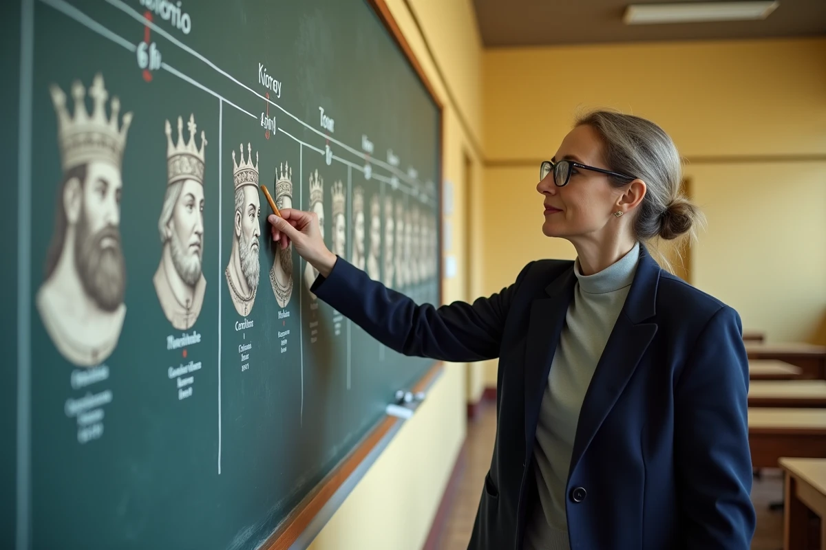 Enseignante présentant une frise murale des rois de France dans une salle de classe avec dynasties et portraits illustrés