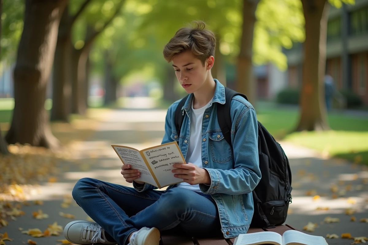 Étudiant révisant des fiches mnémotechniques sur un banc de campus en plein air