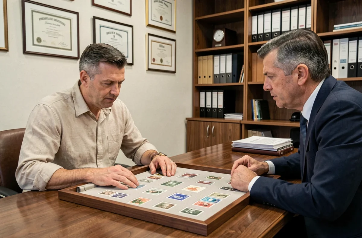 Un homme fait évaluer sa collection de timbres par un expert philatéliste dans un bureau professionnel