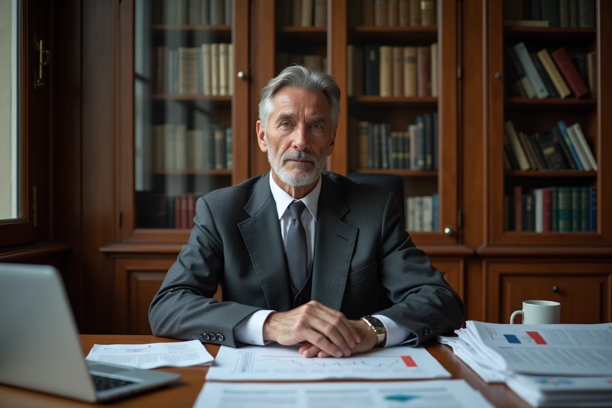 Expert économiste français en costume gris assis à son bureau parisien entouré de rapports financiers et journaux économiques