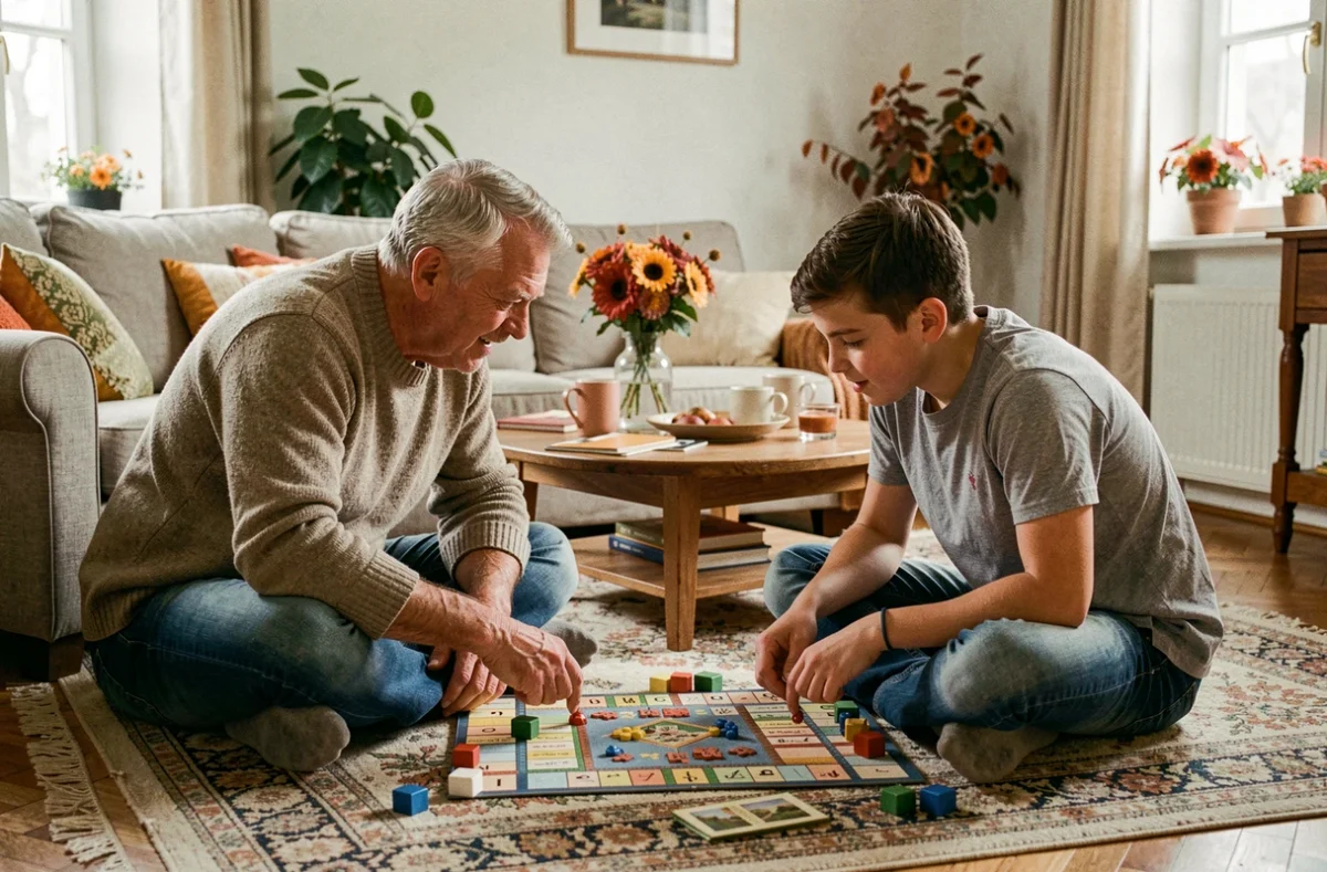 Père et adolescent jouant à un jeu de société en famille dans un salon français