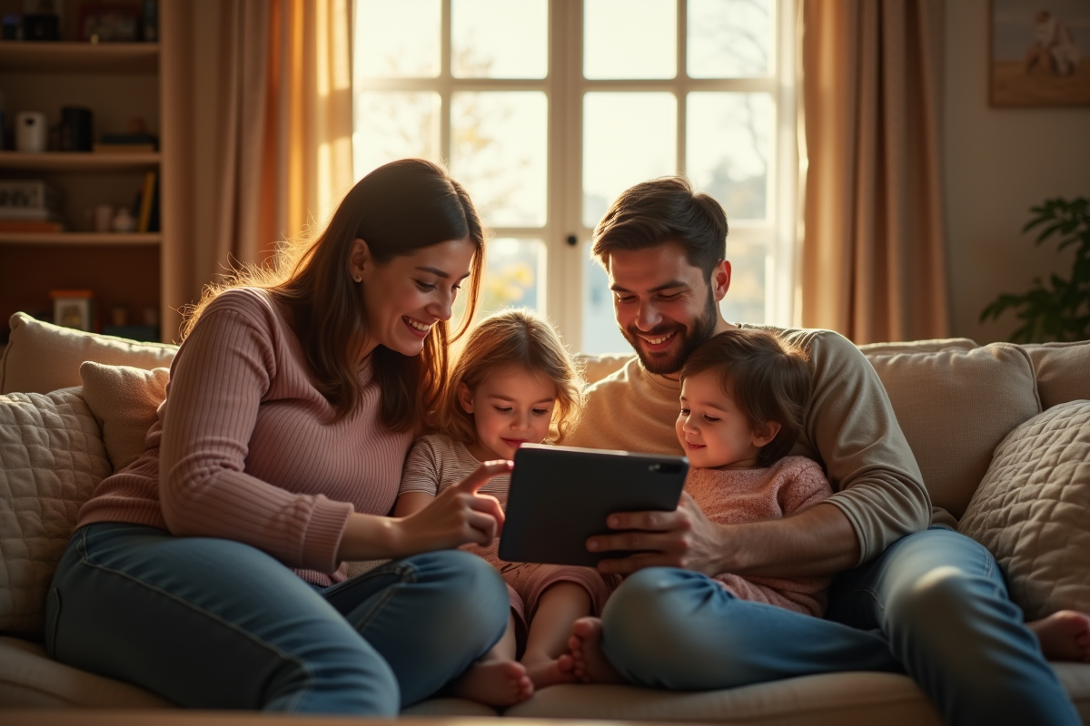 Famille utilisant une tablette et un smartphone dans un salon chaleureux