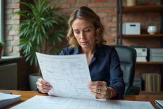 Femme d'affaires examinant un calendrier papier annoté pour compter les semaines d'un contrat annuel