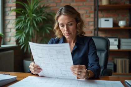 Femme d'affaires examinant un calendrier papier annoté pour compter les semaines d'un contrat annuel