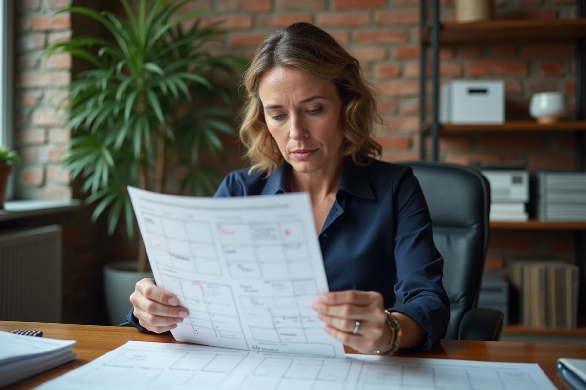 Femme d'affaires examinant un calendrier papier annoté pour compter les semaines d'un contrat annuel
