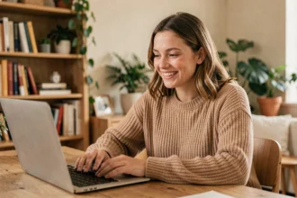 Jeune femme souriante lors d'un appel vidéo avec un inconnu sur un site de rencontre sociale type Omegle
