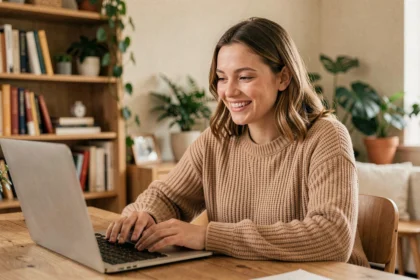Jeune femme souriante lors d'un appel vidéo avec un inconnu sur un site de rencontre sociale type Omegle