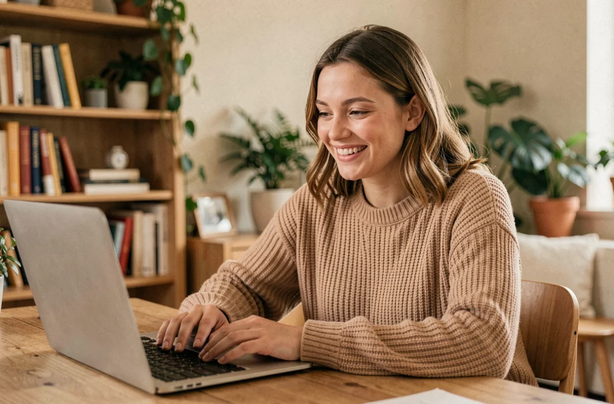 Jeune femme souriante lors d'un appel vidéo avec un inconnu sur un site de rencontre sociale type Omegle