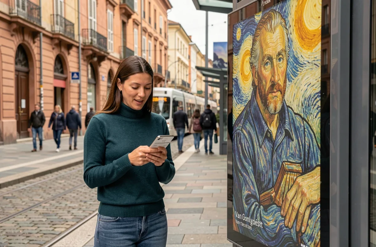 Femme consultant son billet devant l'affiche de l'exposition Van Gogh à Lyon