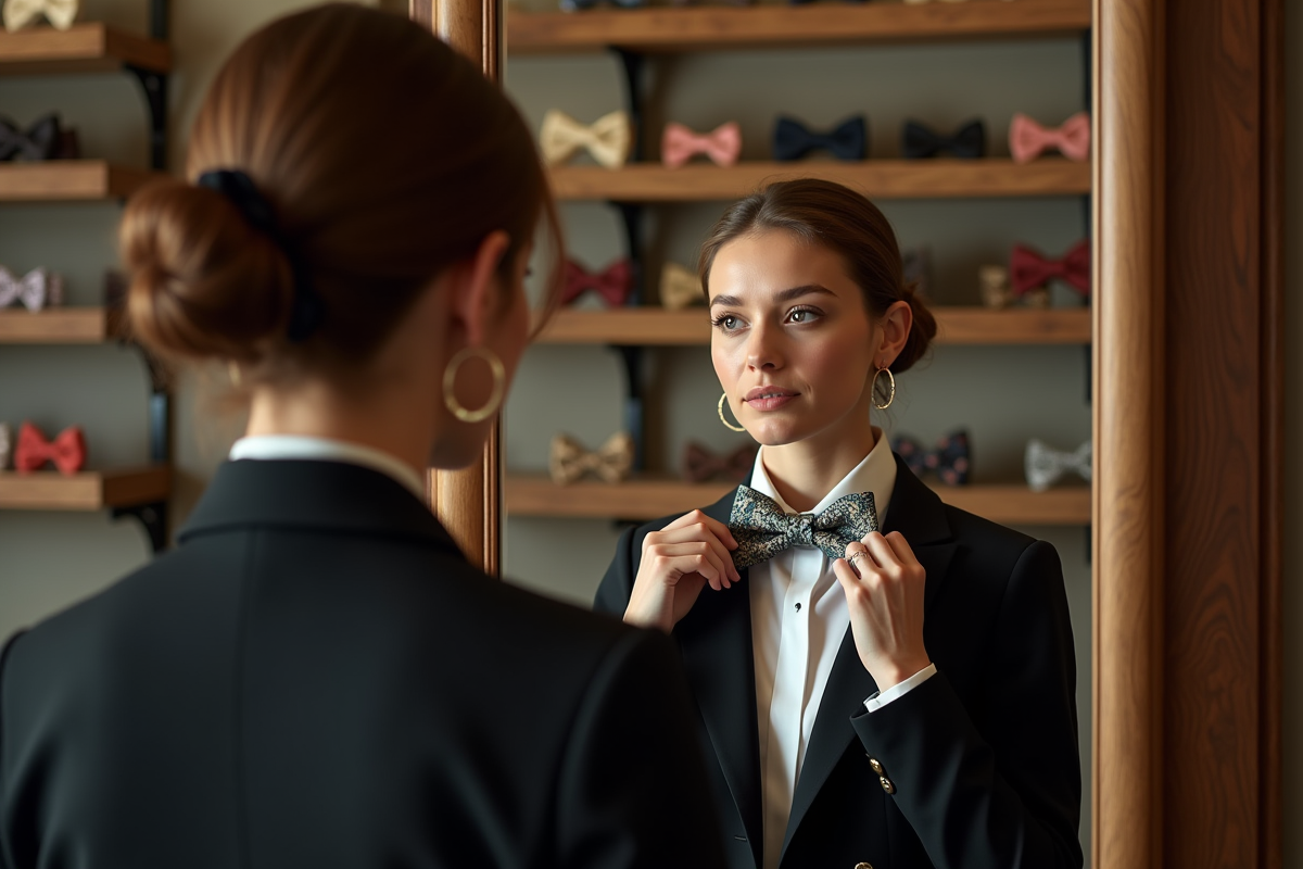 Femme ajustant son nœud papillon dans un miroir boutique