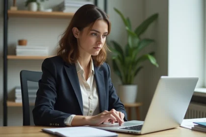Femme concentrée remplissant un formulaire en ligne dans son bureau