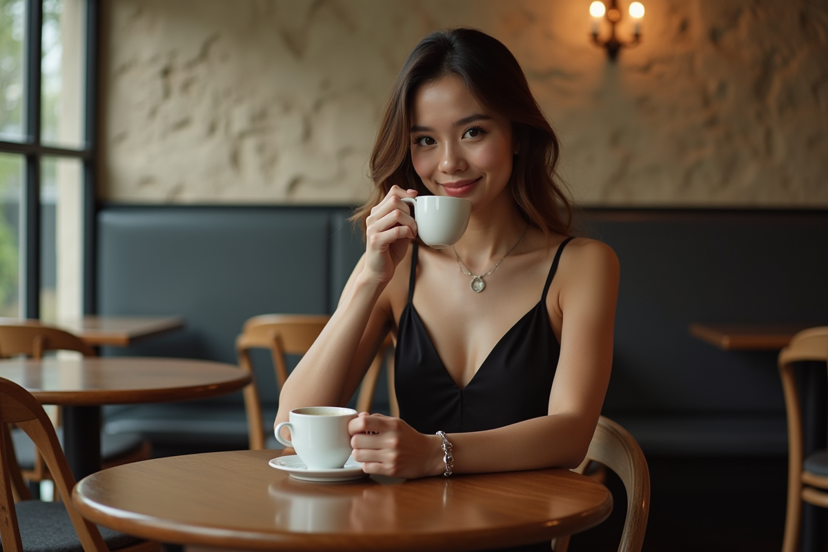 Jeune femme souriante au café avec robe noire
