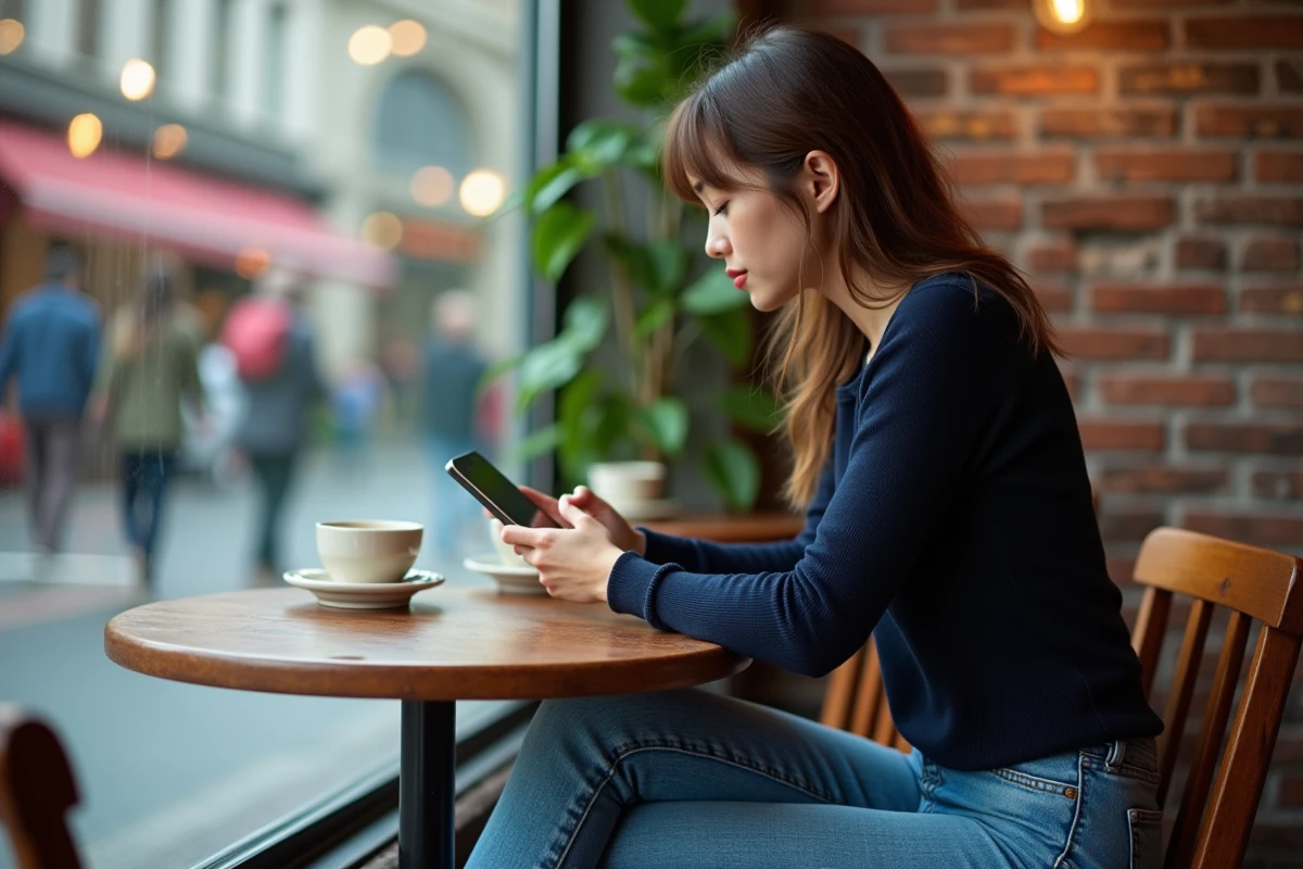 Jeune femme au café regardant son téléphone qui sonne