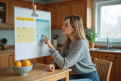 Femme consultant un calendrier 2026 avec semaines paires et impaires surlignées dans une cuisine moderne