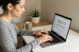Femme tapant sur un clavier QWERTY en cherchant comment écrire la lettre È majuscule avec accent grave en français