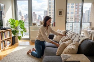 Femme réarrangeant des coussins sur un canapé dans un salon moderne