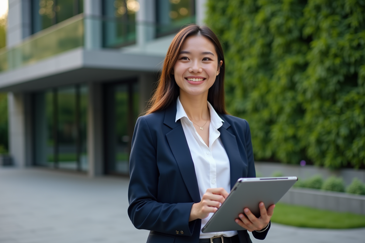 Jeune femme avec tablette devant un bâtiment écologique