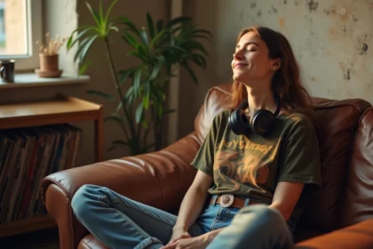Jeune femme savourant un banger musical avec un casque autour du cou dans un appartement cosy avec des vinyles en arrière-plan