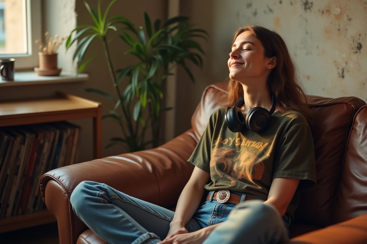 Jeune femme savourant un banger musical avec un casque autour du cou dans un appartement cosy avec des vinyles en arrière-plan