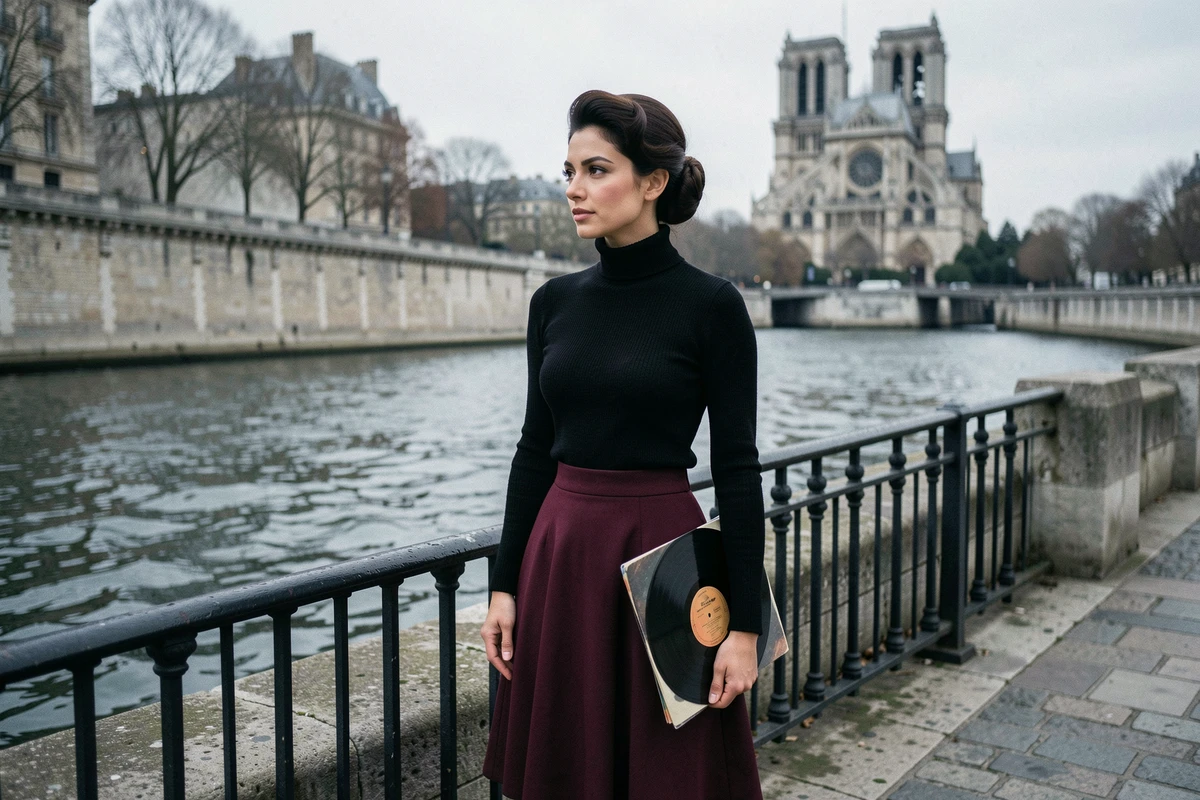 Femme élégante au bord de la Seine avec un vinyle, ambiance romantique chanson française des années 60