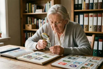 Une femme âgée examine un timbre de collection avec une loupe sur une table couverte d'albums philatéliques
