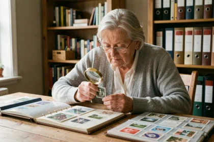 Une femme âgée examine un timbre de collection avec une loupe sur une table couverte d'albums philatéliques