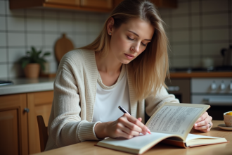 Femme réfléchissant en lisant un livret familial français
