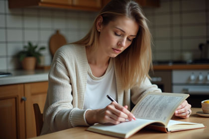 Femme réfléchissant en lisant un livret familial français