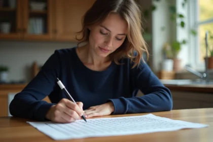 Femme adulte concentrée remplissant une grille de bataille navale vierge imprimée sur une table en bois
